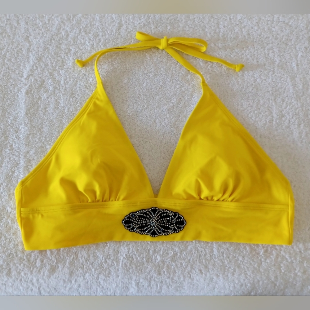 Linea Aqua Yellow Bikini Top with Black Beaded Accent, Size L
